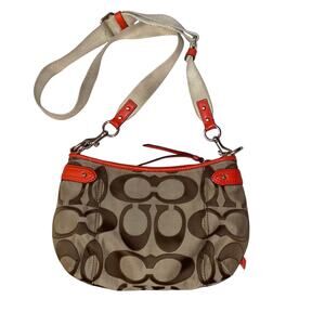 Coach Khaki Signature Stripe Crossbody Bag Orange Leather Trim purse handbag